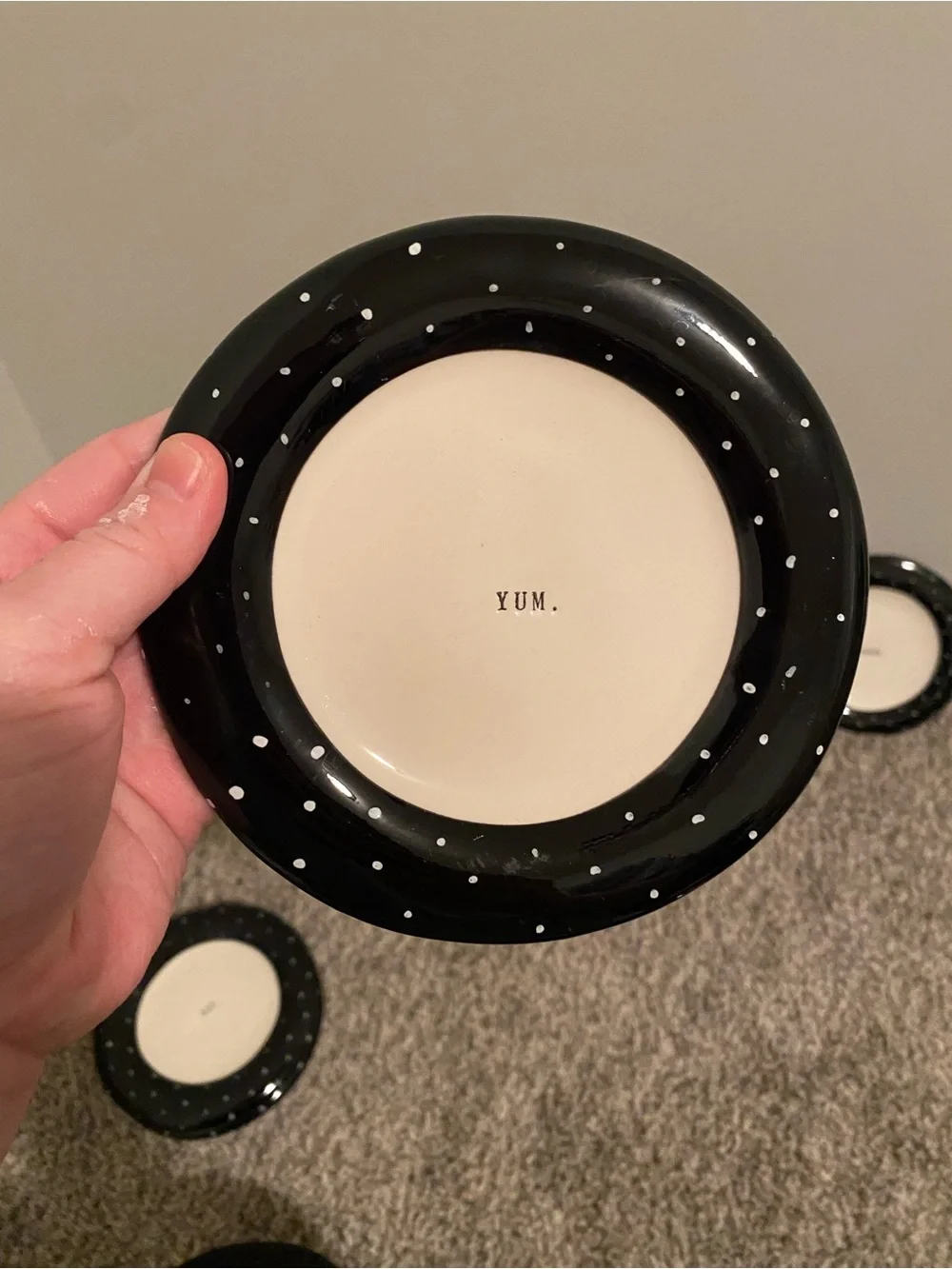 RAE DUNN Set Of 4 Black Polka Dot Accent Snack Plates